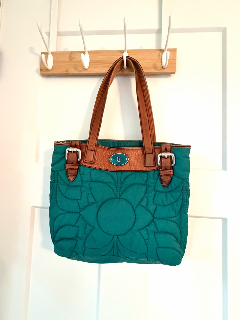 Teal Quilted Tote with Brown Leather Trim - Women Bags Fossil great condition